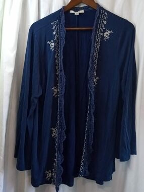miami Navy Embroidered Modal Open-Front Cardigan Lace Bogo Flowy Fairy Medium